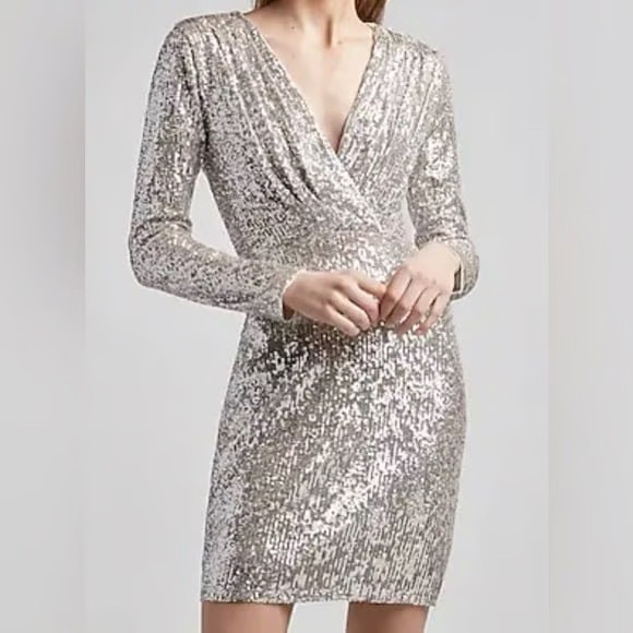 Elegant Silver Sequin Dress Long Sleeves - Picture 1 of 10